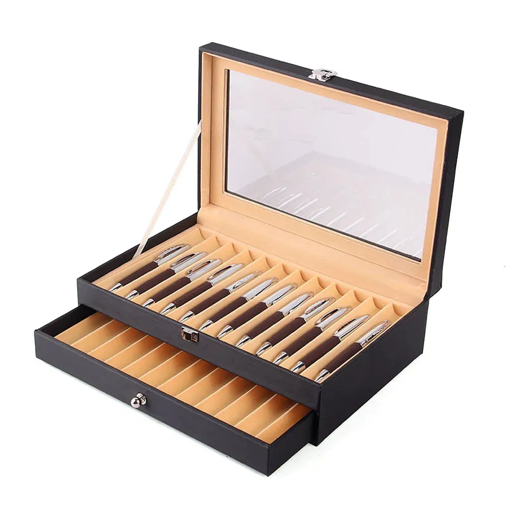 24-Slot Fountain Pen Display Case, Double-Layer PU Leather Organizer Box
