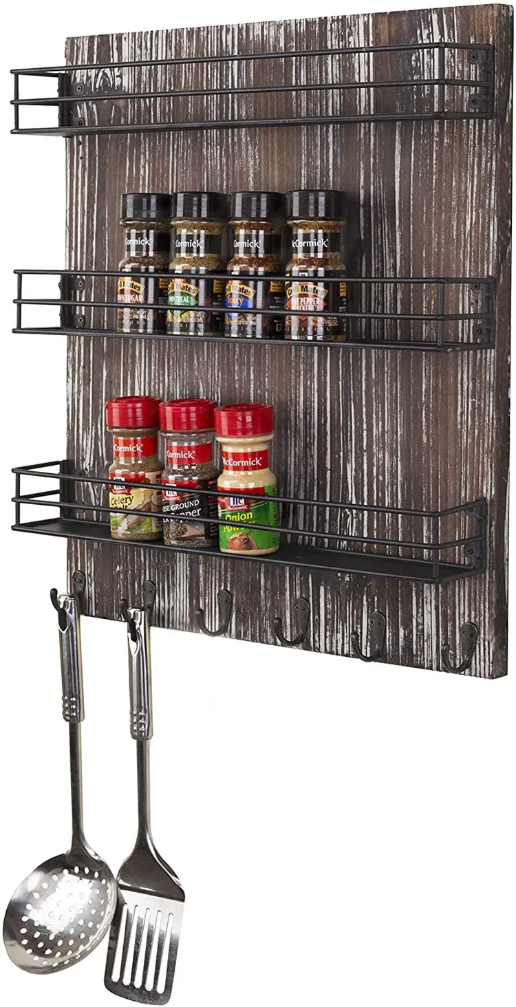 3-Tier Torched Wood and Black Metal Wire Shelves, Wall-Mounted Spice Rack with 6 Hooks