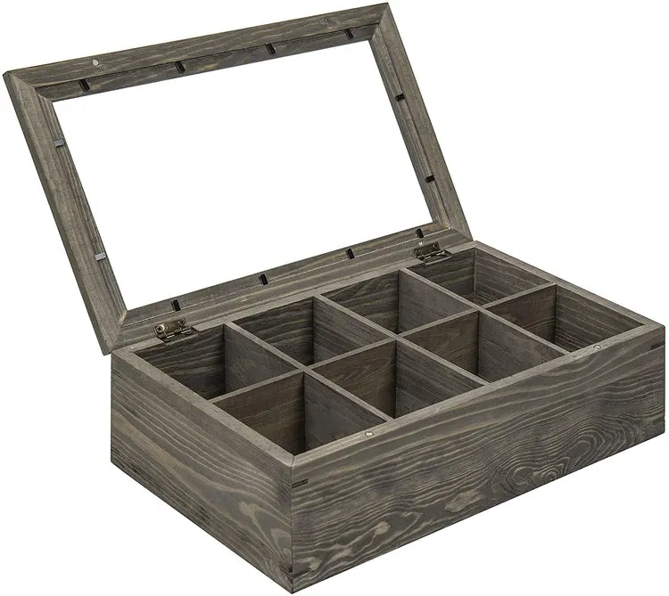 8 Compartment Gray Wood Tea Bag Storage Chest with Clear Lid