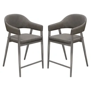 Adele Set of 2 Stylish Counter Height Chairs in Grey Leatherette with Sleek Stainless Steel Legs
