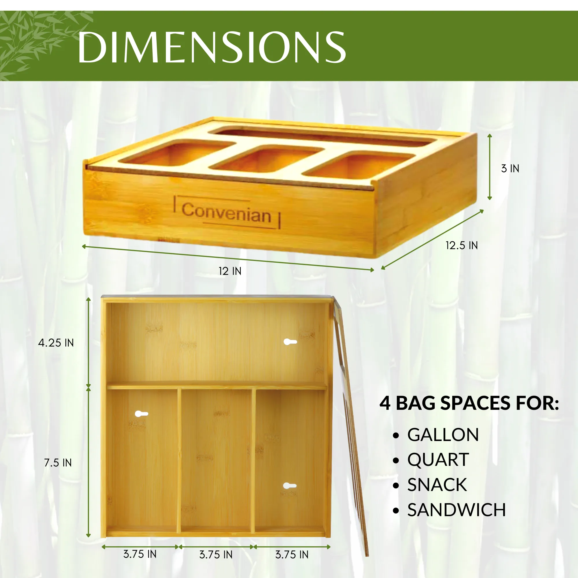 Convenian Ziplock Bag Organizer for Drawer - Plastic Food Bag Storage Organizer Sandwich Bag Organizer for Kitchen, Bamboo Baggie Organizer for Drawer Compatible with Gallon, Quart (1 Box 4 Slots)