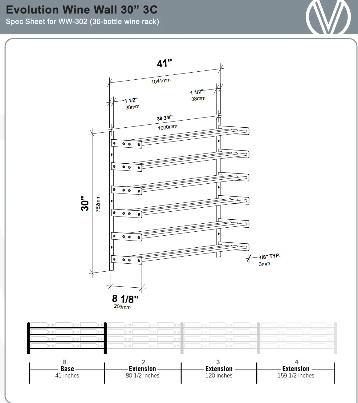 Evolution Wine Wall Mounted Wine Rack 30 3C (18 - 54 Bottle)