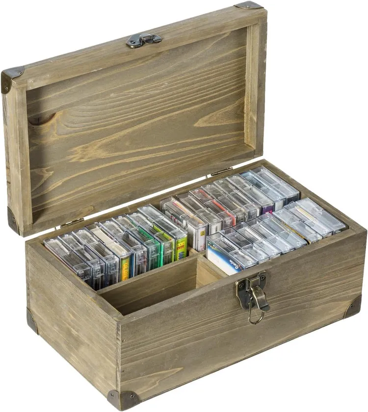 Gray Brown Wood Retro Audio Cassette Tape Storage Box with Brass Tone Metal Latch and Brackets, Holds up to 32 Tapes