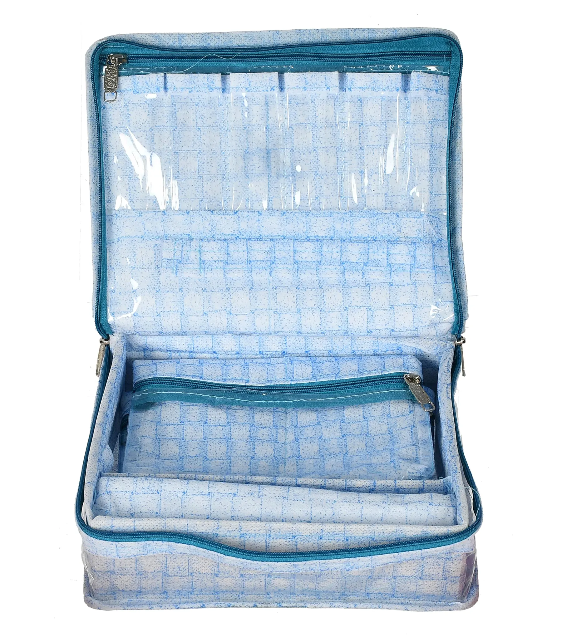 Heart Home Check Design Laminated PVC Jewellery Organizer With 4 Transparent Pouches & 1 Bangle/Watch Rod For Keeps Your Jewellery,Earrings, Necklaces Organized And Secure (Blue)-HS_38_HEARTH21273