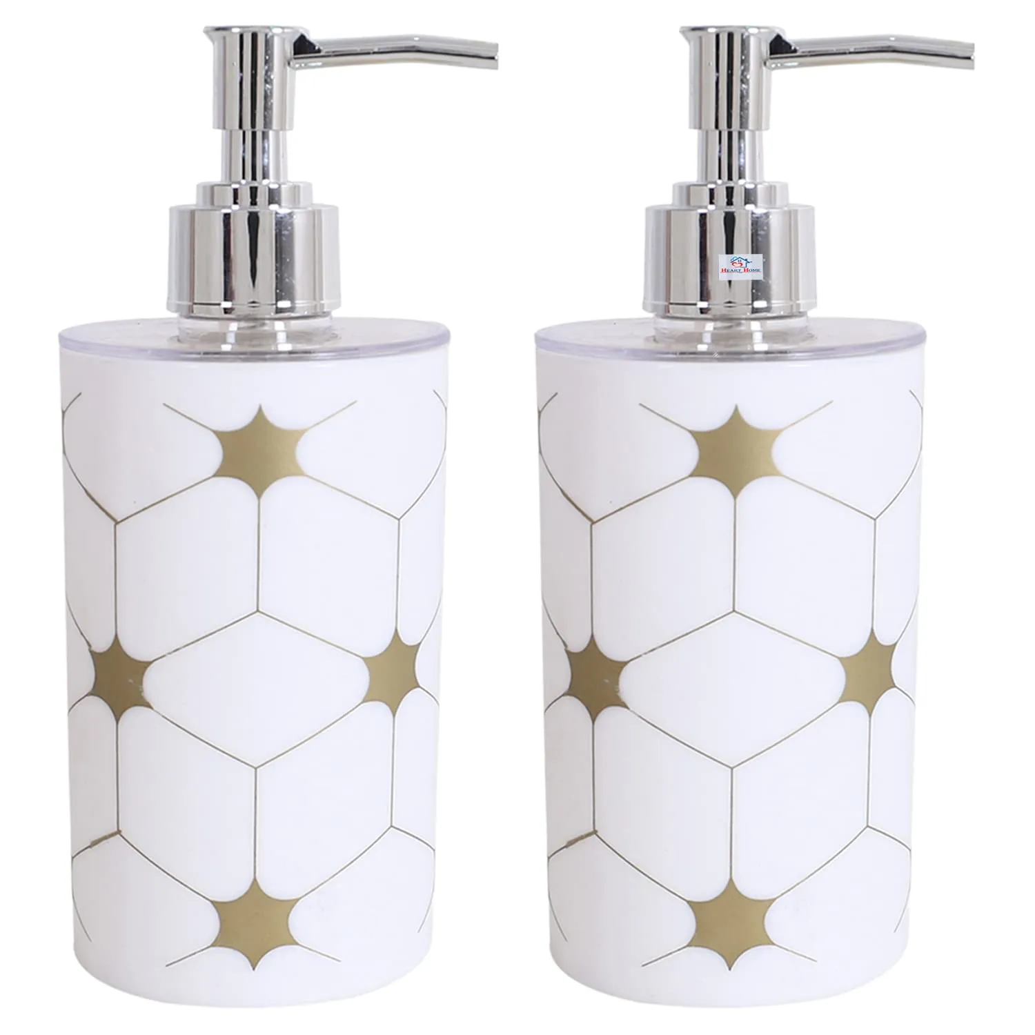 Heart Home Liquid Soap Dispenser|Star Print Plastic Empty Bathroom Sanitizer|Lotion|Shampoo Dispenser Bottle,300 ML,Pack of 2 (White)