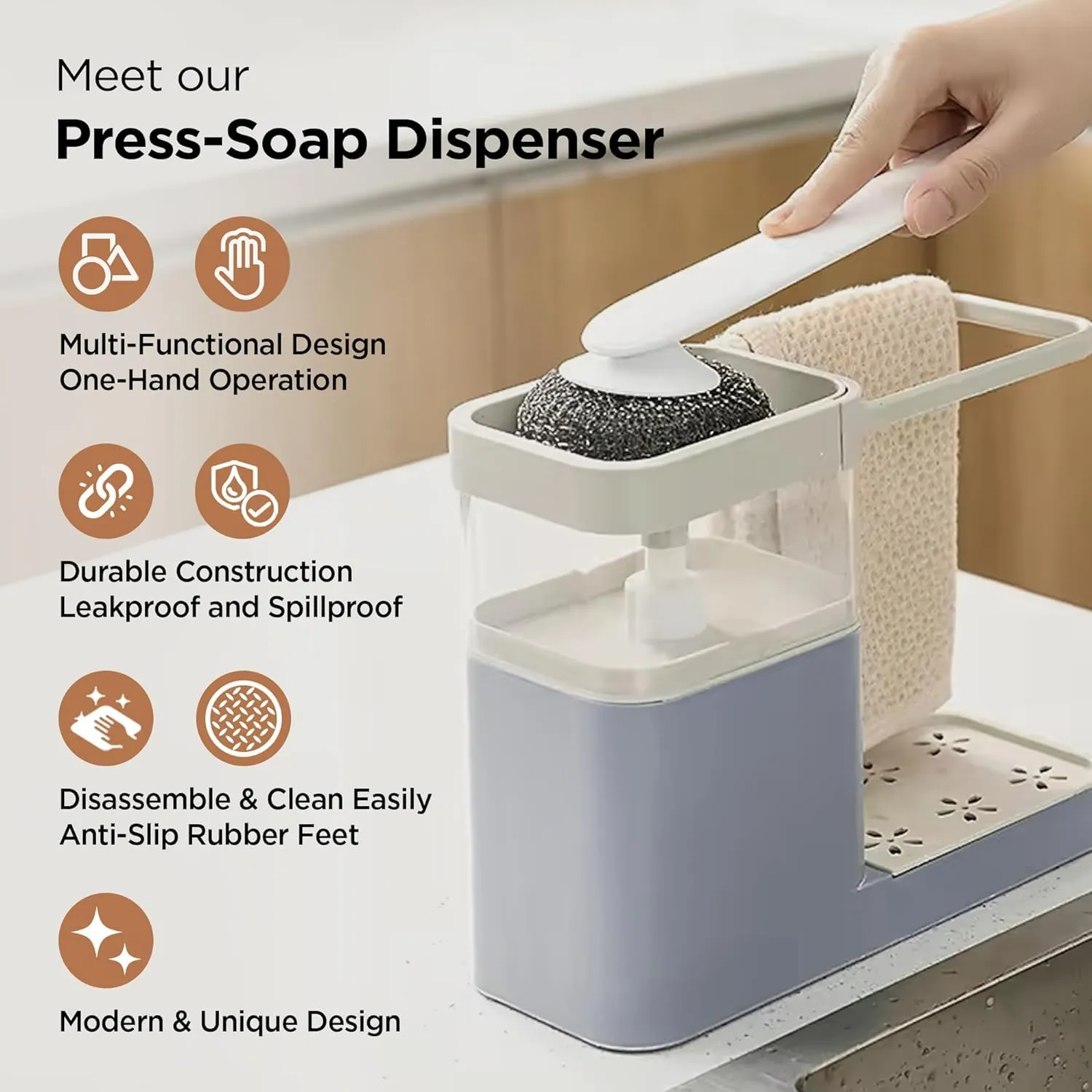 Homestic 3-in-1 Soap Dispenser (800ml) with Sponge Holder & Towel Rack | Multifunctional Kitchen Accessories Items for Home | Non-Fragile | Grey