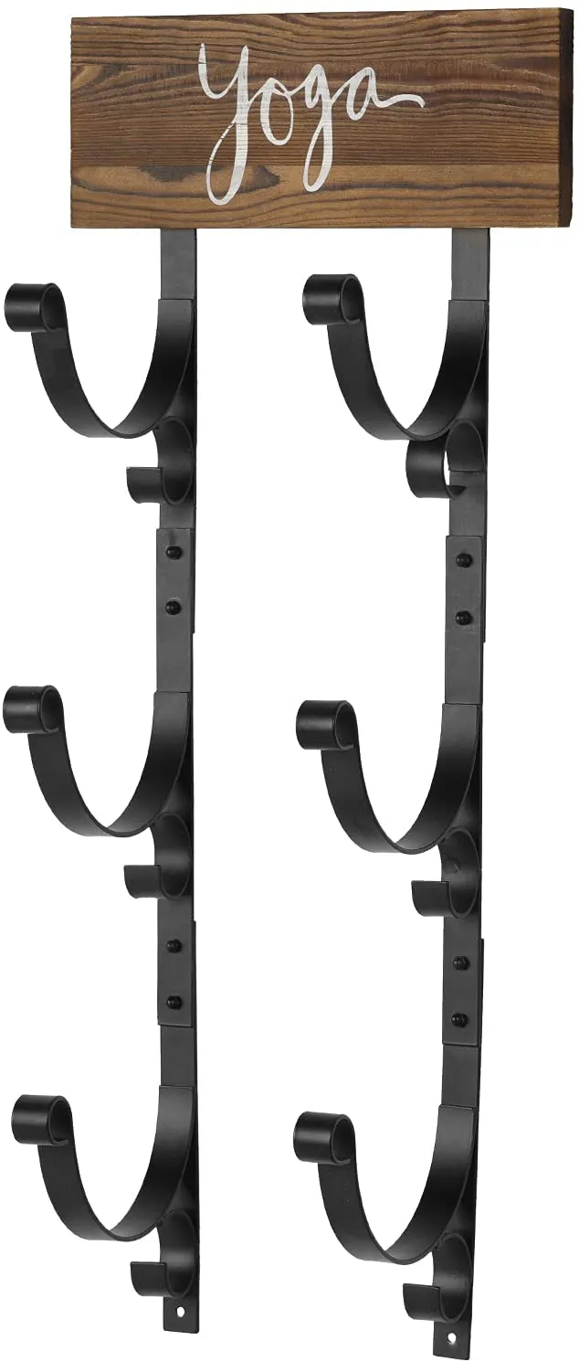 Wall Mounted Black Metal 3-Tier Yoga Mat Rack, Exercise Mat, Foam Roller Holder with Burnt Wood "yoga" Sign