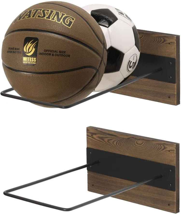 Wall Mounted Exercise Ball Holder, Gym Yoga Studio Storage Display Rack with Burnt Wood and Black Metal Wire, Set of 2