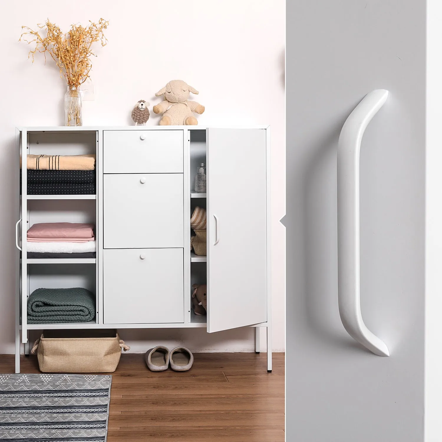 White Metal Multiple Storage Accent Cabinet- Model Stanic